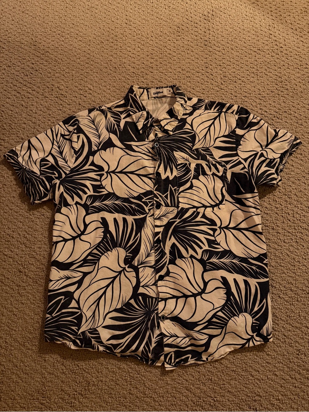 Men's Navy Blue & White Tropical Leaf Short Sleeve Button-Down Shirt Size M